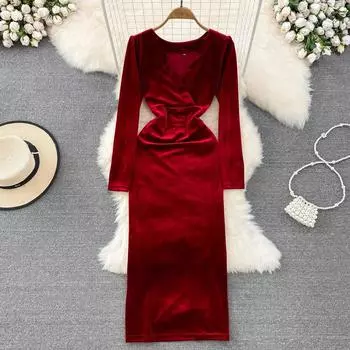 Осенне-зимнее легкое платье в стиле ретро с длинным рукавом и круглым воротником на талии, тонкая бархатная сумка-мешок в стиле канарейки.