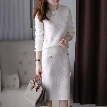 Осенне-зимнее легкое роскошное женское однотонное легкое трикотажное платье из двух частей в зрелом стиле S белый