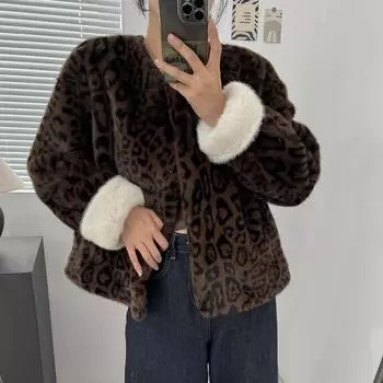 Осенне-зимнее меховое пальто, экологически чистое меховое пальто, полупальто с круглым вырезом для женщин one size fits all темно-коричневого