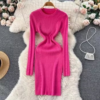 Осенне-зимнее модное облегающее и утолщенное трикотажное однотонное сексуальное длинное платье на бедрах