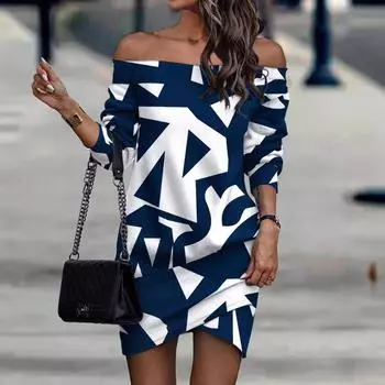 Осенне-зимнее модное платье на одно плечо с принтом S чёрный