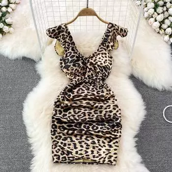 Осенне-зимнее модное сексуальное платье для ночного клуба с v-образным вырезом и низким вырезом, летящими рукавами, леопардовым принтом и открытой спиной, облегающее и короткое платье на бедрах S чёрный