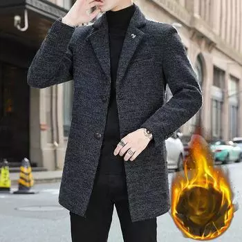 Осенне-зимнее модное шерстяное пальто мужское корейского образца с хлопком и утолщенным трендовым мужским шерстяным тренчем M чёрный