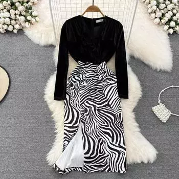 Осенне-зимнее модное темпераментное платье с v-образным вырезом и длинными рукавами, золотая бархатная строчка, сумка с леопардовым принтом и разрезом, платье на бедрах
