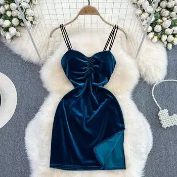 Осенне-зимнее модное тонкое тонкое платье с глубоким вырезом и сексуальной талией, тонкое открытое золотое бархатное платье-бретелька