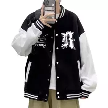 Осенне-зимнее мужское бейсбольное пальто с буквенным принтом и воротником-стойкой, свободная однобортная мужская куртка в стиле High Street, с эластичными полосатыми манжетами M чёрный