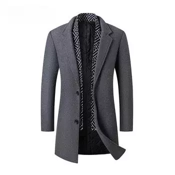 Осенне-зимнее мужское деловое шерстяное пальто, модный съемный шарф 170 чёрный
