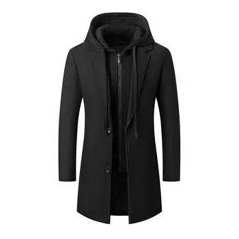 Осенне-зимнее мужское деловое утолщенное шерстяное пальто, модное с капюшоном, съемное, пальто мужское пальто M серый