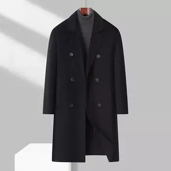 Осенне-зимнее мужское двубортное шерстяное пальто с длинным воротником для молодежи, однотонное, светлое, роскошное 170 чёрный