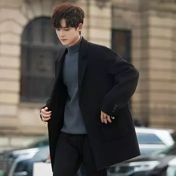 Осенне-зимнее мужское двухстороннее шерстяное пальто средней и длинной длины, корейская версия молодежного утолщенного тренча из кашемира M чёрный