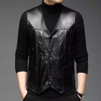 Осенне-зимнее мужское кожаное пальто из овчины, черное кожаное пальто с v-образным вырезом, молодежное однобортное деловое тонкое кожаное жилет с несколькими карманами L