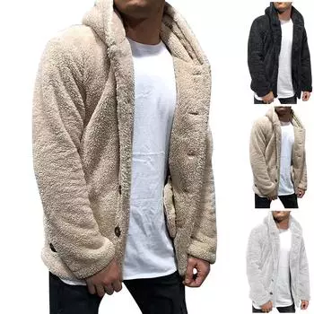 Осенне-зимнее мужское однотонное флисовое пальто с капюшоном, флисовый модный тренд мужской одежды L бежевый