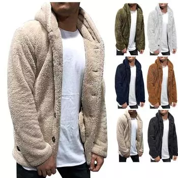 Осенне-зимнее мужское однотонное флисовое пальто с капюшоном, флисовый модный тренд мужской одежды L бежевый
