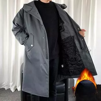 Осенне-зимнее мужское однотонное свободное пальто средней и длинной длины с капюшоном, молодежное повседневное пальто-тренч для мужчин S