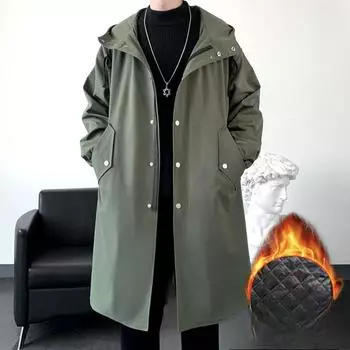 Осенне-зимнее мужское однотонное свободное пальто средней и длинной длины с капюшоном, молодежное повседневное пальто-тренч для мужчин S