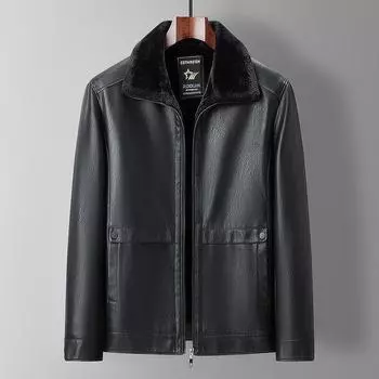 Осенне-зимнее мужское пальто с меховой подкладкой на флисовой подкладке, утепленная кожаная куртка для папы с лацканами M чёрный