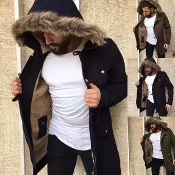 Осенне-зимнее мужское пальто, утолщенная куртка с капюшоном и меховым воротником S чёрный