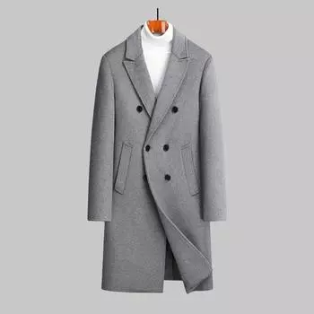 Осенне-зимнее мужское шерстяное пальто, длинное до колена, двубортное пальто с воротником, тренчкот, мужское пальто M чёрный