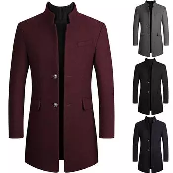 Осенне-зимнее мужское шерстяное пальто средней длины, ветровка с утолщенным хлопком, мужское пальто XXXXL чёрный