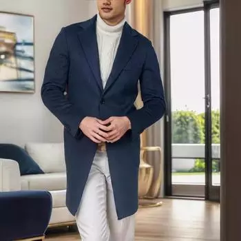 Осенне-зимнее мужское шерстяное пальто средней и длинной длины в британском стиле, однобортное шерстяное пальто с длинными рукавами, тренчкот S тёмно-синий