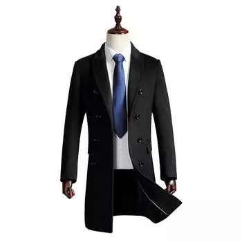 Осенне-зимнее мужское шерстяное пальто средней и длинной длины Двубортное шерстяное пальто Тренчкот для мужчин M чёрный