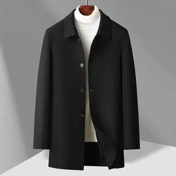Осенне-зимнее мужское шерстяное пальто средней и длинной длины с однотонными лацканами, сшитое вручную двухстороннее шерстяное пальто 170 чёрный