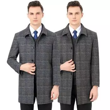 Осенне-зимнее мужское шерстяное пальто средней длины, мужская деловая клетчатая ветровка с лацканами из хлопка и кашемира для мужчин M