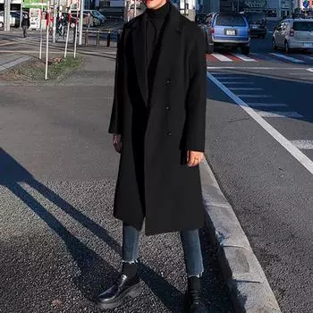 Осенне-зимнее мужское шерстяное пальто средней длины, ветровка с утолщенным хлопком, мужское пальто L чёрный