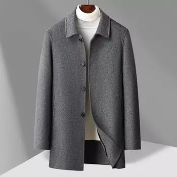 Осенне-зимнее мужское шерстяное пальто средней и длинной длины с однотонными лацканами, сшитое вручную двухстороннее шерстяное пальто 170 чёрный