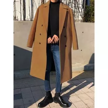 Осенне-зимнее мужское утолщенное шерстяное пальто корейской версии, среднее и длинное двубортное свободное шерстяное пальто-тренч для мужчин M чёрный