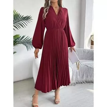 Осенне-зимнее новое элегантное платье с тройным V-образным вырезом, длинными рукавами, присборенной талией и складками S чёрный