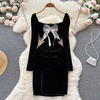 Осенне-зимнее новое бархатное открытое вечернее сексуальное платье знаменитостей во французском стиле с квадратным вырезом и бантом