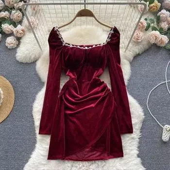 Осенне-зимнее новое бархатное платье с длинными рукавами и квадратным вырезом, с тяжелыми ногтями и бриллиантами, с высокой талией, нерегулярное сексуальное бархатное платье для девочек