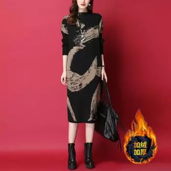 Осенне-зимнее новое длинное платье с бархатным подолом, свободное и тонкое платье, среднее и длинное, до колена, утолщенное платье L [80-50kg]