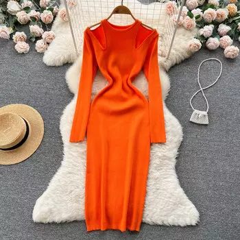 Осенне-зимнее новое французское полое темпераментное однотонное платье с высокой талией, вязаное нижнее платье до бедра