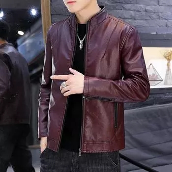 Осенне-зимнее новое кожаное пальто со стоячим воротником, мужская бархатная куртка из искусственной кожи, корейская версия, облегающее большое пальто, красивая мотоциклетная одежда M
