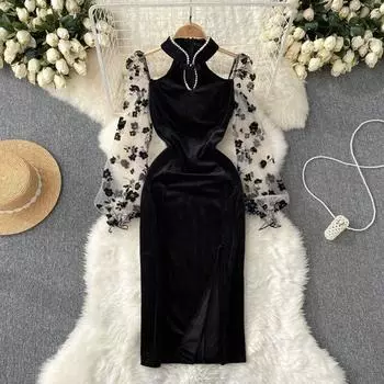 Осенне-зимнее новое модное сетчатое бархатное платье Cheongsam с длинными рукавами и висячим вырезом, открытая упаковка на бедрах