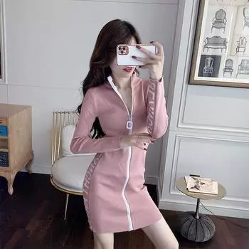 Осенне-зимнее новое модное сексуальное вязанное платье на молнии с тонкой талией и длинными рукавами S чёрный