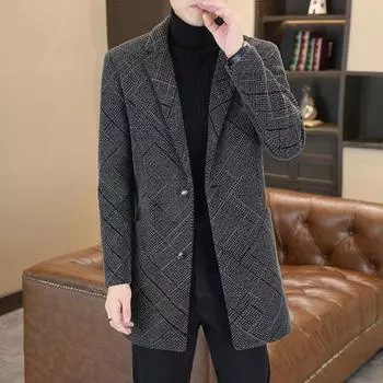 Осенне-зимнее новое мужское пальто из синели средней и длинной длины с воротником-стойкой в корейском стиле, шерстяное пальто облегающего кроя для молодежи и среднего возраста M серый