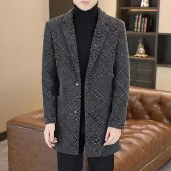 Осенне-зимнее новое мужское пальто из синели средней и длинной длины с воротником-стойкой в корейском стиле, шерстяное пальто облегающего кроя для молодежи и среднего возраста M серый