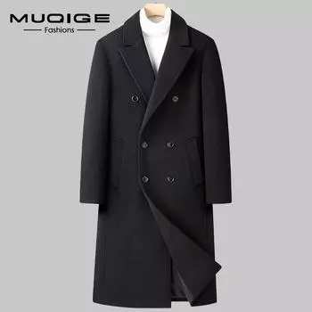 Осенне-зимнее новое мужское шерстяное пальто-тренч, двубортное длинное тонкое пальто до колена, мужская куртка M чёрный