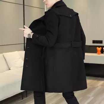 Осенне-зимнее новое мужское шерстяное пальто ручной работы с двумя сторонами, средней и длинной длины, корейская версия, облегающее шерстяное пальто с поясом, мужское пальто M чёрный