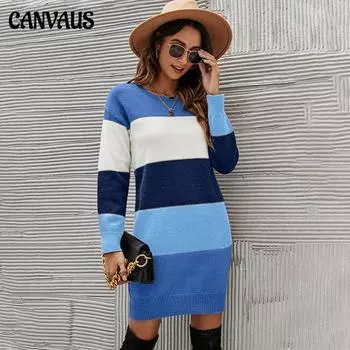 Осенне-зимнее новое платье-свитер с круглым вырезом в тон, длинный женский свитер большого размера S хаки