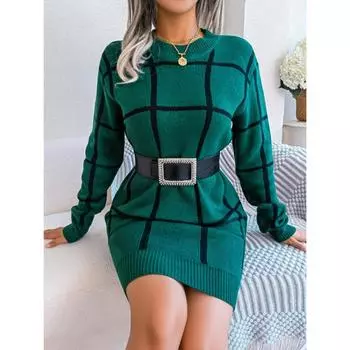 Осенне-зимнее новое повседневное платье-свитер с круглым вырезом и контрастной клетчатой отделкой и длинными рукавами S зелёный