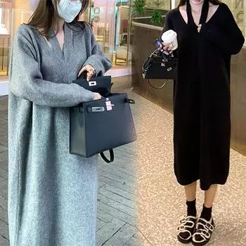 Осенне-зимнее новое серое трикотажное платье женское длинное с v-образным вырезом снизу с повседневным свитером длинное платье one size fits all серый