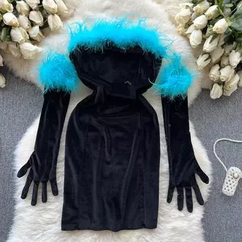 Осенне-зимнее новое сексуальное шерстяное платье-бюстье для девочек, комплект с рукавами, бархатное платье