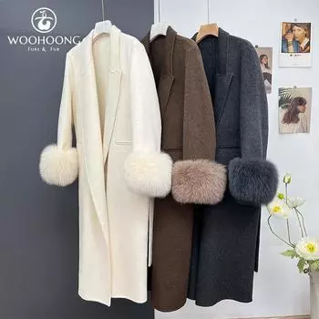 Осенне-зимнее новое шерстяное двухстороннее шерстяное пальто женское длинное пиджак с воротником широкая версия свободные рукава из натурального меха лисы S слоновая кость