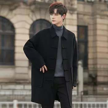 Осенне-зимнее новое шерстяное пальто мужское среднее и длинное шерстяное пальто длиной до колена корейской версии M чёрный