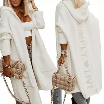 Осенне-зимнее новое свободное вязаное пальто-кардиган средней длины с капюшоном S хаки