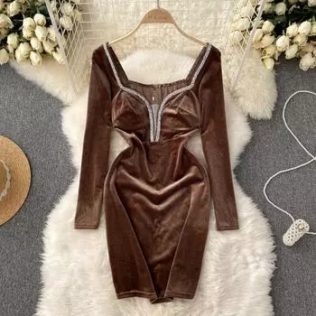 Осенне-зимнее новое тонкое черное бархатное сексуальное платье в стиле Хепберн во французском стиле с талией для женщин